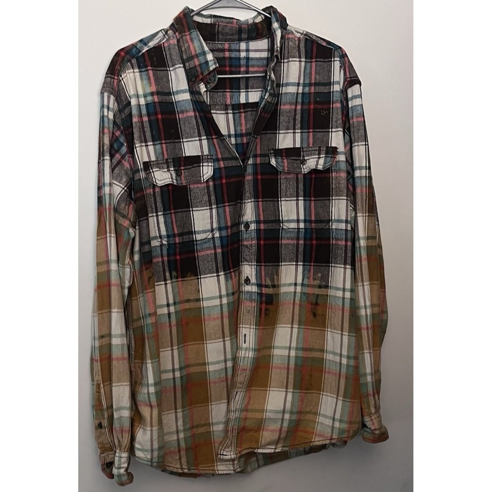 Oversized‎ Bleached Plaid Flannel Shirt XL Distressed Button Up Grunge Shacket - Picture 2 of 4